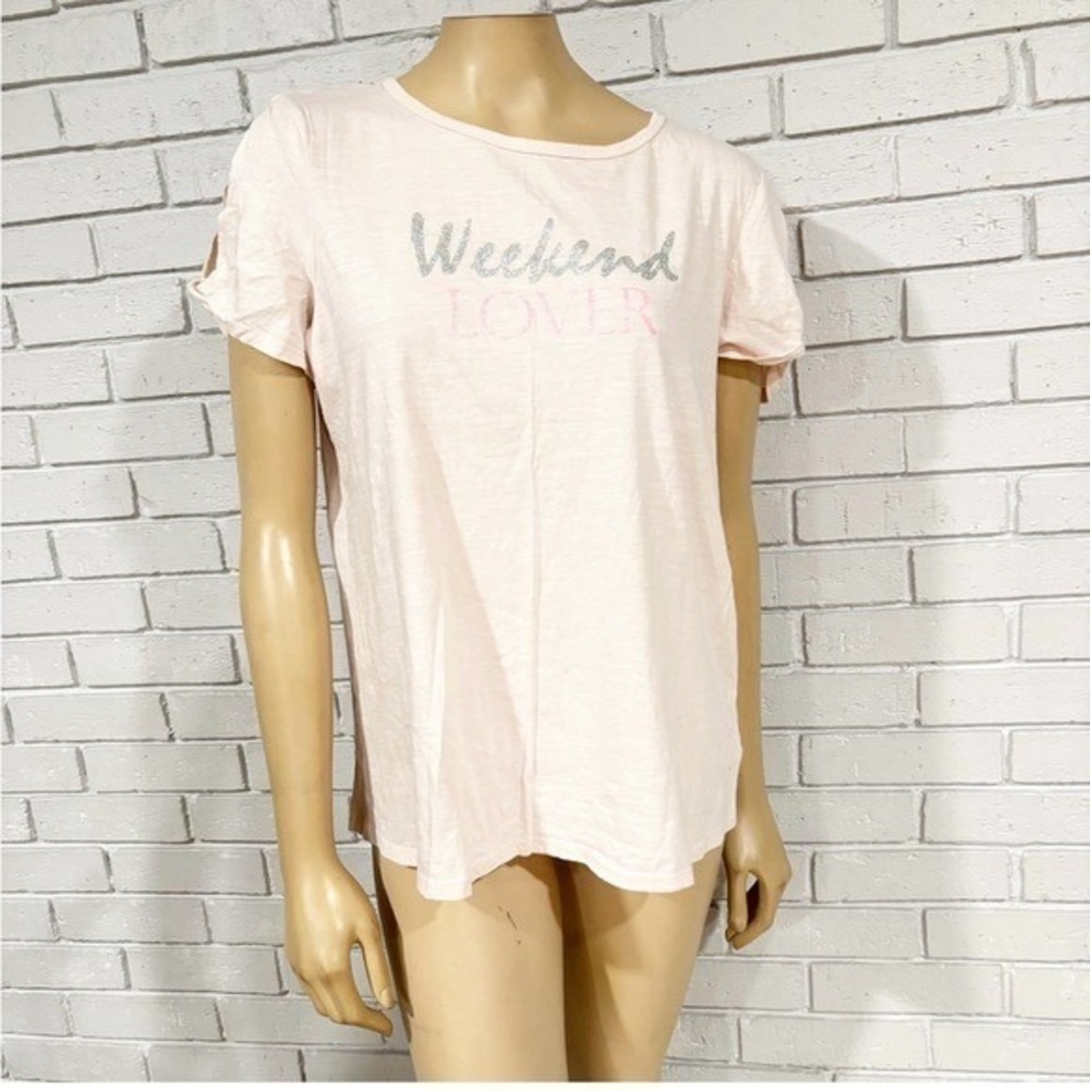 Signature Collection Pink Weekend Lover Glitter Graphic Slit Sleeve T-Shirt
